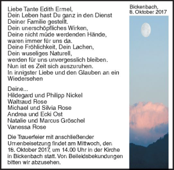 Traueranzeige von Edith Ermel von Trauerportal Echo Online
