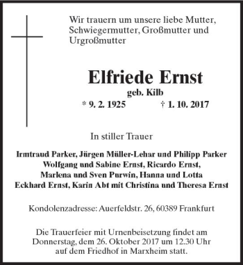 Traueranzeige von Elfriede Ernst von Trauerportal Rhein Main Presse