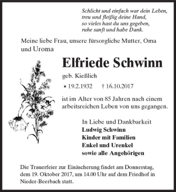 Traueranzeige von Elfriede Schwinn von Trauerportal Echo Online