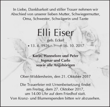 Traueranzeige von Elli Eiser von  Kreisanzeiger