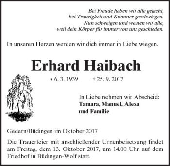 Traueranzeige von Erhard Haibach von  Kreisanzeiger
