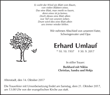 Traueranzeige von Erhard Umlauf von  Kreisanzeiger