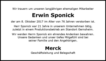 Traueranzeige von Erwin Sponick von Trauerportal Echo Online