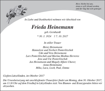 Traueranzeige von Frieda Heinemann von  Gießener Anzeiger