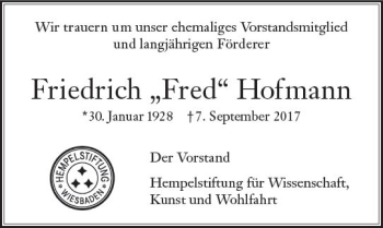 Traueranzeige von Friedrich Hofmann von Trauerportal Rhein Main Presse