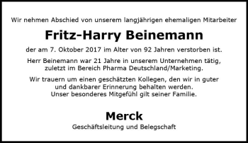 Traueranzeige von Fritz-Harry Beinemann von Trauerportal Echo Online