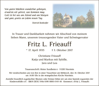 Traueranzeige von Fritz L. Frieauff von Trauerportal Rhein Main Presse