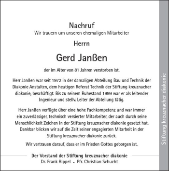 Traueranzeige von Gerd Janßen von Trauerportal Rhein Main Presse