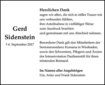 Traueranzeige von Gerd Sidenstein von Trauerportal Rhein Main Presse