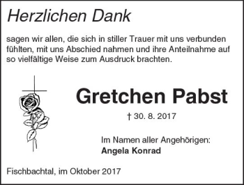 Traueranzeige von Gretchen Pabst von Trauerportal Echo Online
