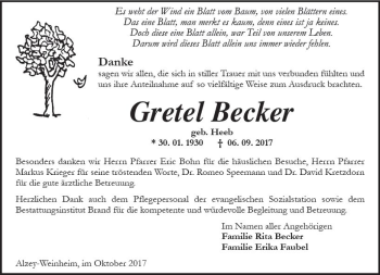 Traueranzeige von Gretel Becker von Trauerportal Rhein Main Presse