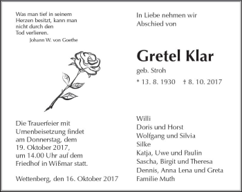 Traueranzeige von Gretel Klar von  Gießener Anzeiger