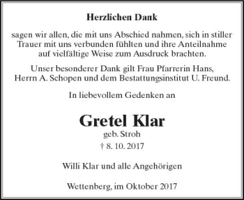 Traueranzeige von Gretel Klar von  Gießener Anzeiger