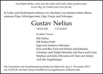 Traueranzeige von Gustav Nelius von Trauerportal Echo Online