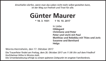 Traueranzeige von Günter Maurer von Trauerportal Rhein Main Presse