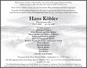 Traueranzeige von Hans Köhler von Trauerportal Rhein Main Presse