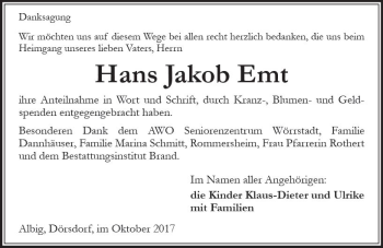 Traueranzeige von Hans Jakob Emt von Trauerportal Rhein Main Presse