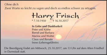 Traueranzeige von Harry Frisch von Trauerportal Echo Online