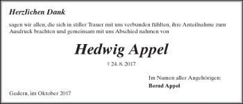 Traueranzeige von Hedwig Appel von  Kreisanzeiger