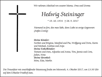 Traueranzeige von Hedwig Steininger von Trauerportal Echo Online
