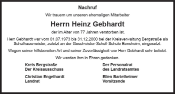 Traueranzeige von Heinz Gebhardt von Trauerportal Echo Online