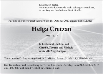 Traueranzeige von Helga Cretzan von Trauerportal Rhein Main Presse