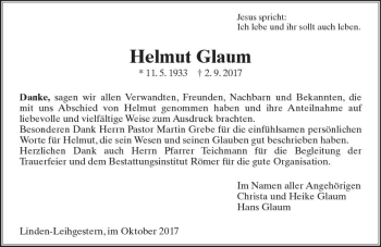 Traueranzeige von Helmut Glaum von  Gießener Anzeiger