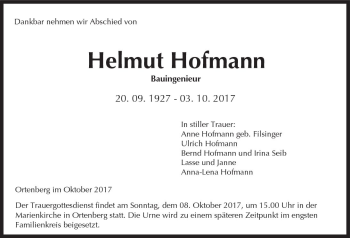 Traueranzeige von Helmut Hofmann von  Kreisanzeiger
