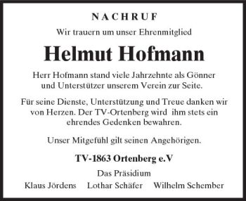 Traueranzeige von Helmut Hofmann von  Kreisanzeiger