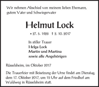 Traueranzeige von Helmut Lock von Trauerportal Rhein Main Presse