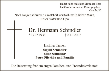 Traueranzeige von Hermann Schindler von Trauerportal Rhein Main Presse