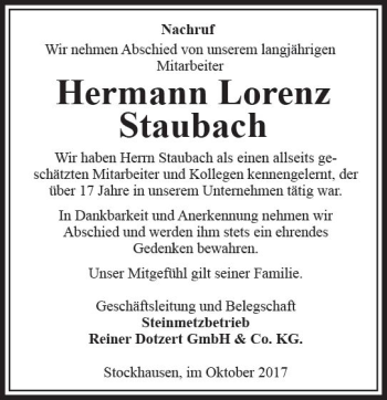 Traueranzeige von Hermann Lorenz Staubach von VRM Trauer