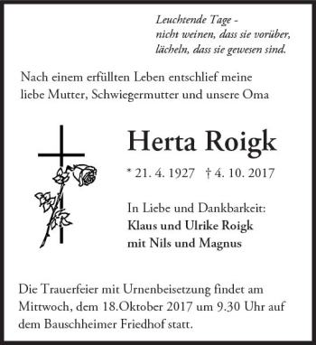 Traueranzeige von Herta Roigk von Trauerportal Rhein Main Presse