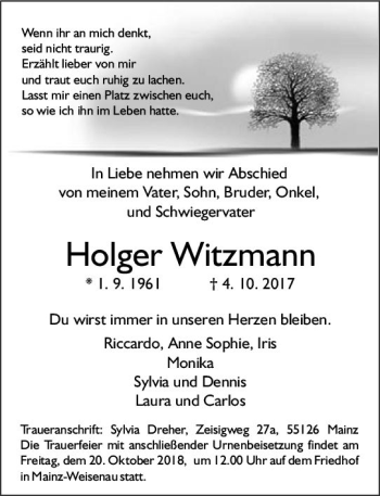 Traueranzeige von Holger Witzmann von Trauerportal Rhein Main Presse