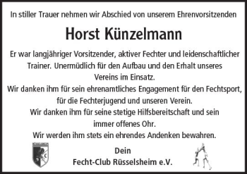 Traueranzeige von Horst Künzelmann von Trauerportal Rhein Main Presse