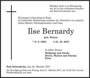 Traueranzeige von Ilse Bernardy von Trauerportal Rhein Main Presse