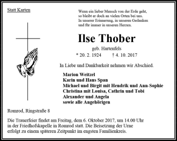 Traueranzeige von Ilse Thober von VRM Trauer