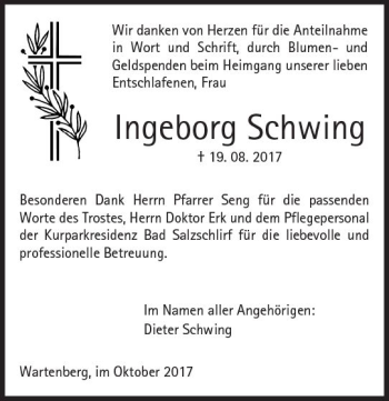 Traueranzeige von Ingeborg Schwing von VRM Trauer