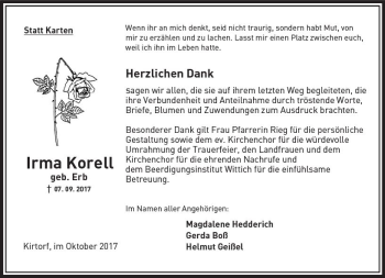 Traueranzeige von Irma Korell von VRM Trauer