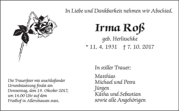 Traueranzeige von Irma Roß von  Gießener Anzeiger