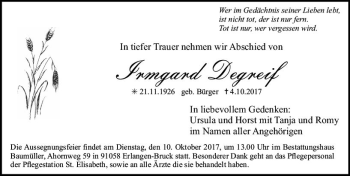 Traueranzeige von Irmgard Degreif von Trauerportal Rhein Main Presse