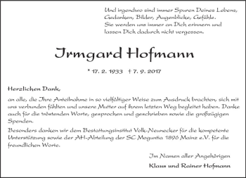 Traueranzeige von Irmgard Hofmann von Trauerportal Rhein Main Presse
