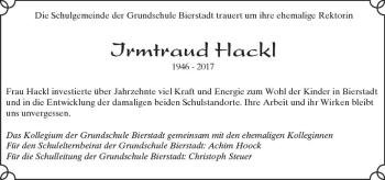 Traueranzeige von Irmtraud Hackl von Trauerportal Rhein Main Presse