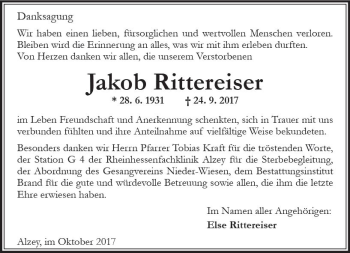Traueranzeige von Jakob Rittereiser von Trauerportal Rhein Main Presse