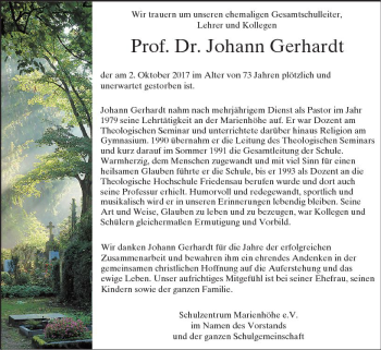 Traueranzeige von Johann Gerhardt von Trauerportal Echo Online