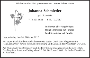 Traueranzeige von Johanna Schmieder von Trauerportal Echo Online