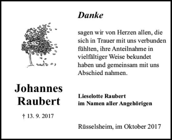 Traueranzeige von Johannes Raubert von Trauerportal Rhein Main Presse