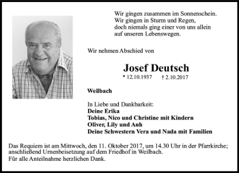 Traueranzeige von Josef Deutsch von Trauerportal Echo Online