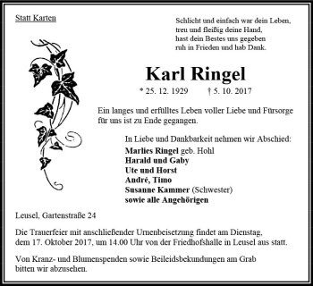 Traueranzeige von Karl Ringel von VRM Trauer