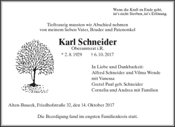 Traueranzeige von Karl Schneider von  Gießener Anzeiger
